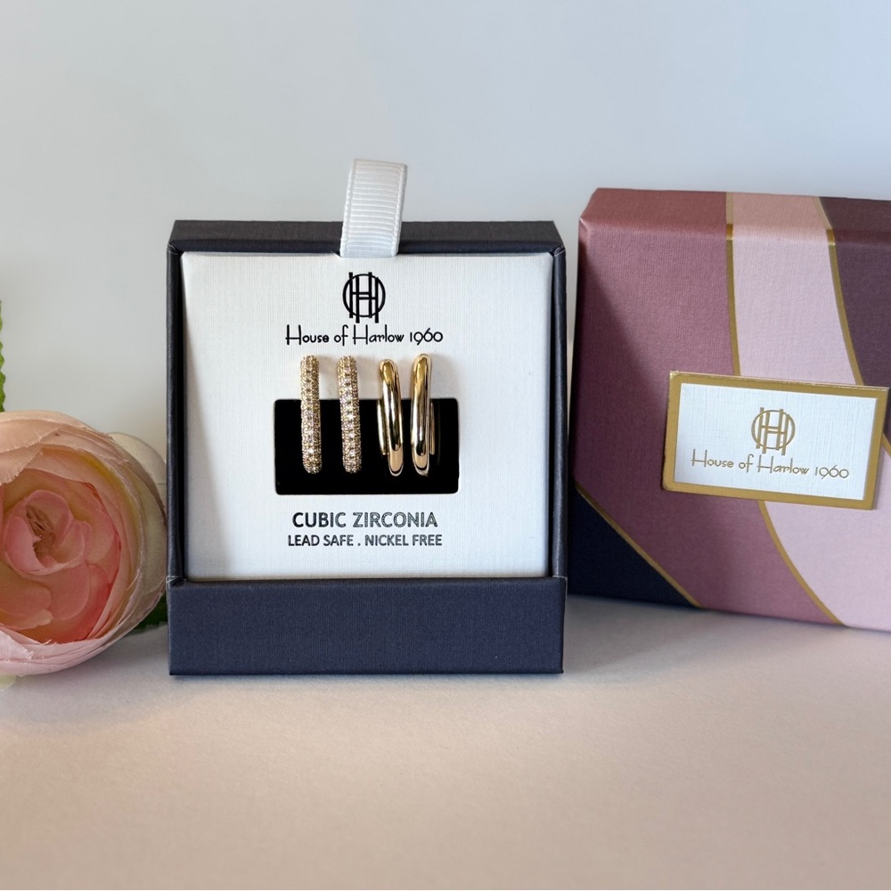 House of Harlow 1960 Gold Cubic Zirconia Rectangular Hoop Earrings